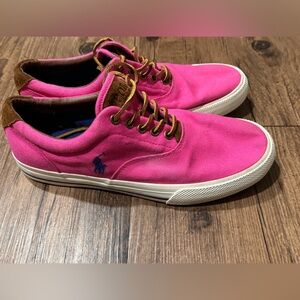 POLO Ralph Lauren Vaughn Mens Shoes Hot Pink and Tan Canvas Size 9D